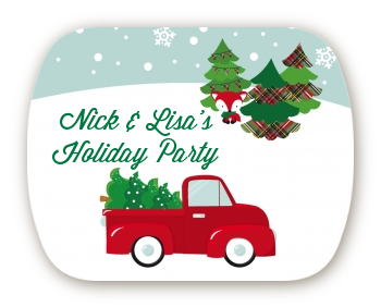 Vintage Red Truck With Tree - Personalized Christmas Rounded Corner Stickers