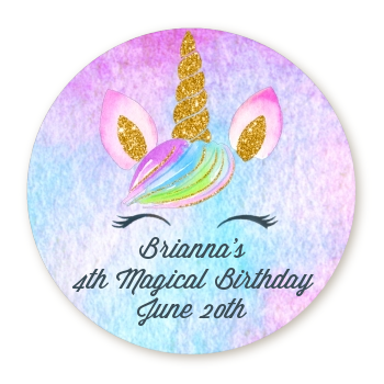  Watercolor Unicorn Head - Round Personalized Birthday Party Sticker Labels 