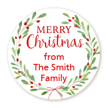  Watercolor Wreath - Round Personalized Christmas Sticker Labels 