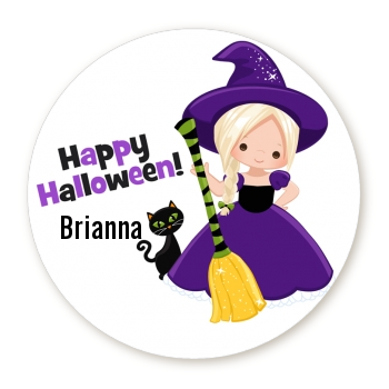  Witch and Broom Stick - Round Personalized Halloween Sticker Labels Option 1