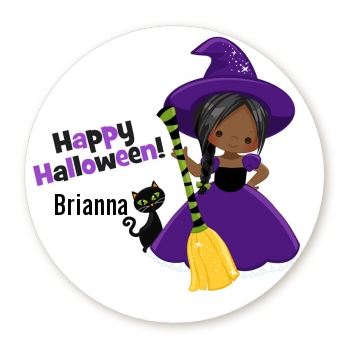  Witch and Broom Stick - Round Personalized Halloween Sticker Labels Option 1