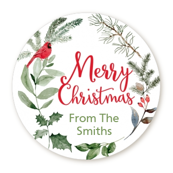  Wreath with Cardinal - Round Personalized Christmas Sticker Labels 