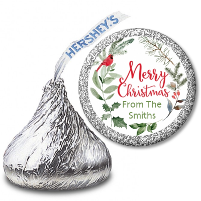 Wreath with Cardinal - Hershey Kiss Christmas Sticker Labels