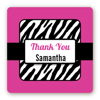 Zebra Print Pink & Black - Square Personalized Birthday Party Sticker Labels