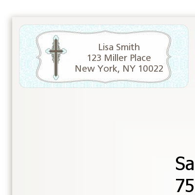 Cross Blue & Brown - Baptism / Christening Return Address Labels