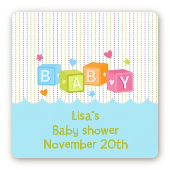 Baby Blocks Blue - Square Personalized Baby Shower Sticker Labels