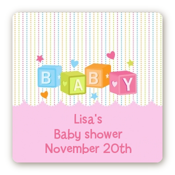 Baby Blocks Pink - Square Personalized Baby Shower Sticker Labels