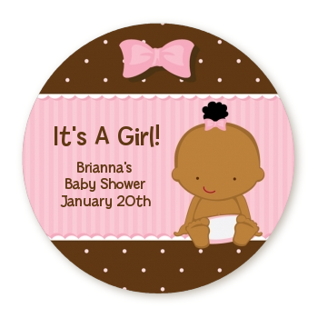  Baby Girl African American - Round Personalized Baby Shower Sticker Labels 