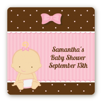 Baby Girl Caucasian - Square Personalized Baby Shower Sticker Labels