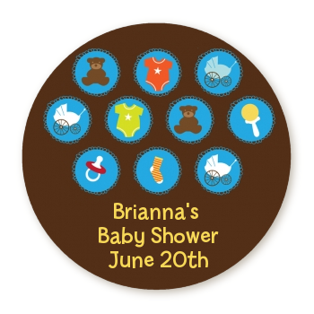  Baby Icons Blue - Round Personalized Baby Shower Sticker Labels 
