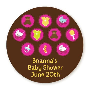  Baby Icons Pink - Round Personalized Baby Shower Sticker Labels 