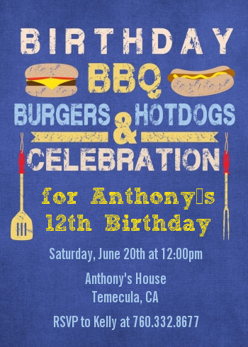  BBQ Hotdogs and Hamburgers - Birthday Party Invitations Celebration