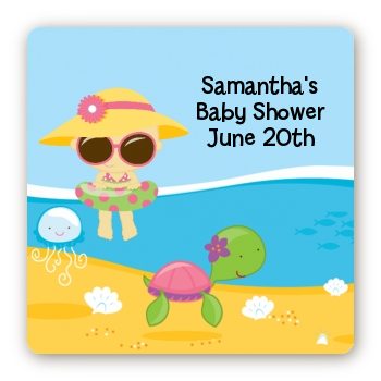 Beach Baby Asian Girl - Square Personalized Baby Shower Sticker Labels