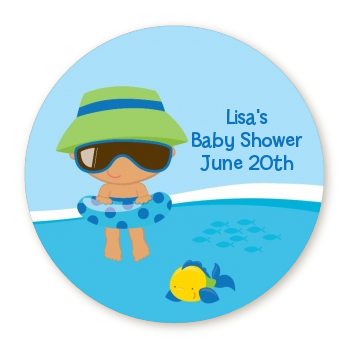  Beach Baby Hispanic Boy - Round Personalized Baby Shower Sticker Labels 