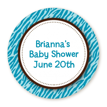  Zebra Print Blue - Round Personalized Baby Shower Sticker Labels 