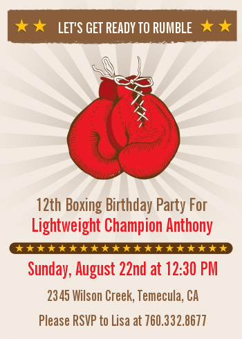 Boxing Gloves - Birthday Party Invitations