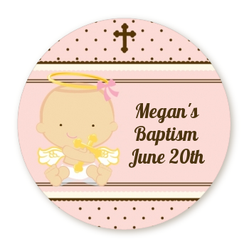  Angel Baby Girl Caucasian - Round Personalized Baptism / Christening Sticker Labels 