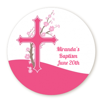  Cross Cherry Blossom - Round Personalized Baptism / Christening Sticker Labels 
