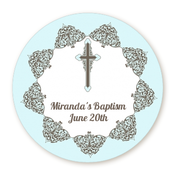  Cross Blue & Brown - Round Personalized Baptism / Christening Sticker Labels 