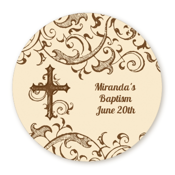  Cross Brown & Beige - Round Personalized Baptism / Christening Sticker Labels 