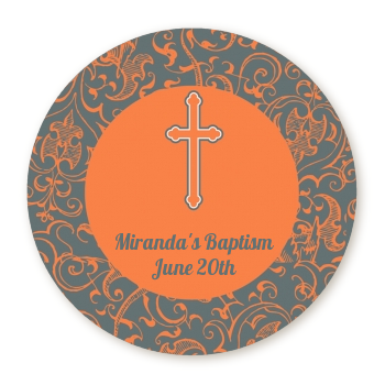  Cross Grey & Orange - Round Personalized Baptism / Christening Sticker Labels 