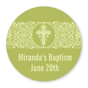  Cross Sage Green - Round Personalized Baptism / Christening Sticker Labels 
