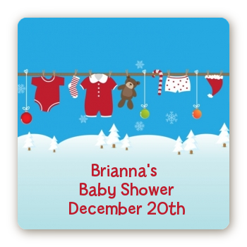 Clothesline Christmas - Square Personalized Baby Shower Sticker Labels