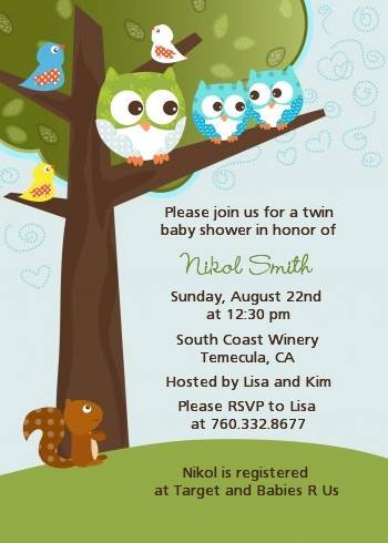 Owl - Look Whooo's Having Twin Boys - Baby Shower Invitations