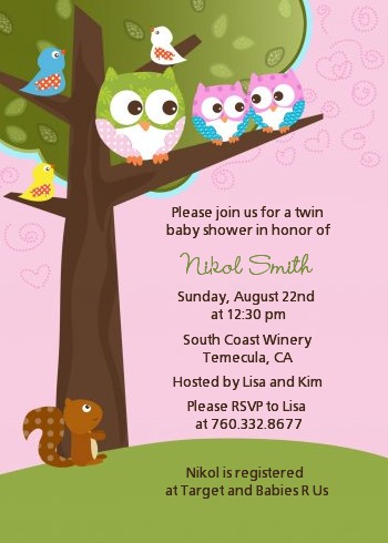 Owl - Look Whooo's Having Twin Girls - Baby Shower Invitations