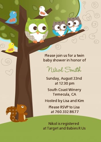 Owl - Look Whooo's Having Twins - Baby Shower Invitations