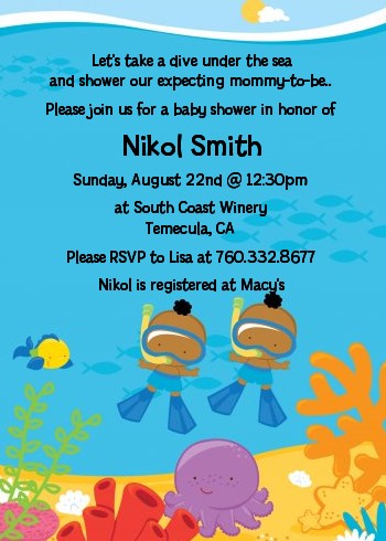 Under the Sea African American Baby Boy Twins Snorkeling - Baby Shower Invitations