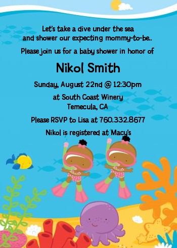 Under the Sea African American Baby Girl Twins Snorkeling - Baby Shower Invitations