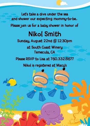 Under the Sea Hispanic Baby Boy Twins Snorkeling - Baby Shower Invitations
