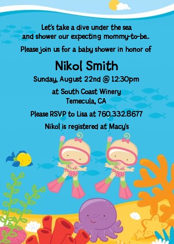 Under the Sea Baby Twin Girls Snorkeling - Baby Shower Invitations