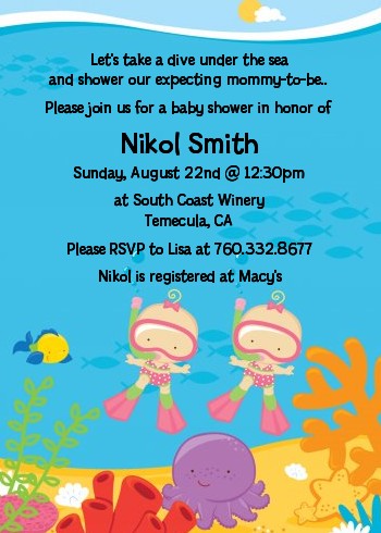 Under the Sea Baby Twin Girls Snorkeling - Baby Shower Invitations