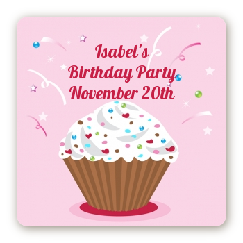 Cupcake Girl - Square Personalized Birthday Party Sticker Labels