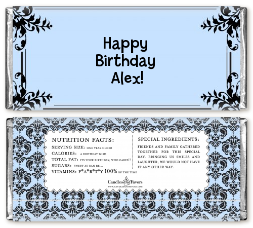  Damask - Personalized Birthday Party Candy Bar Wrappers Blue