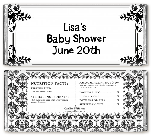  Damask - Personalized Baby Shower Candy Bar Wrappers White