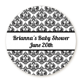  Damask - Round Personalized Baby Shower Sticker Labels White / Black