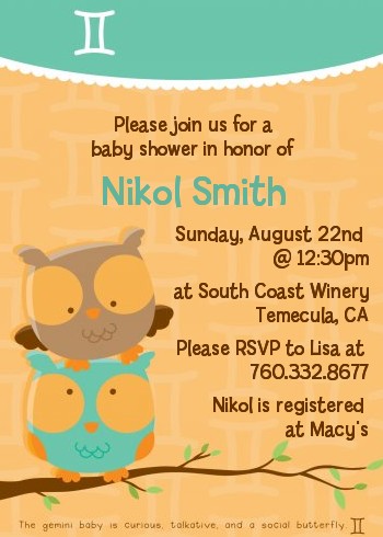 Owls | Gemini Horoscope - Baby Shower Invitations