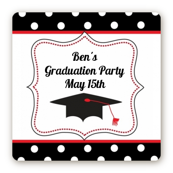 Graduation Cap Black & Red - Square Personalized Graduation Party Sticker Labels