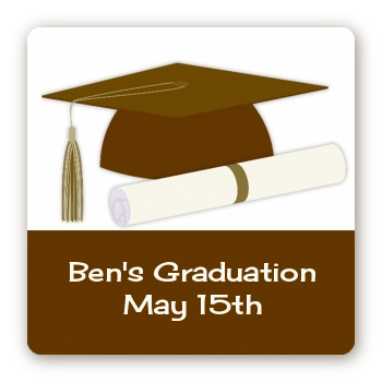 Graduation Cap Brown - Square Personalized Graduation Party Sticker Labels