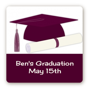 Graduation Cap Purple - Square Personalized Graduation Party Sticker Labels