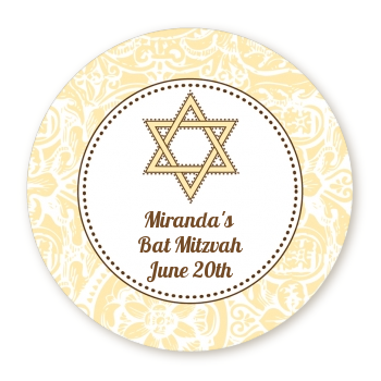  Jewish Star of David Yellow & Brown - Round Personalized Bar / Bat Mitzvah Sticker Labels 