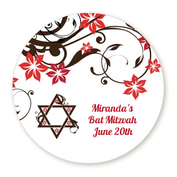  Jewish Star Of David Floral Blossom - Round Personalized Bar / Bat Mitzvah Sticker Labels 