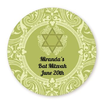  Jewish Star of David Sage Green - Round Personalized Bar / Bat Mitzvah Sticker Labels 