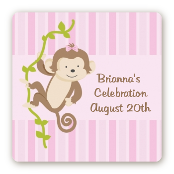 Monkey Girl - Square Personalized Birthday Party Sticker Labels
