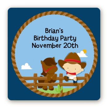 Little Cowboy - Square Personalized Birthday Party Sticker Labels