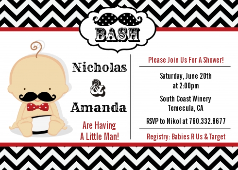  Little Man Mustache Black/Grey - Baby Shower Invitations Caucasian Black/Red