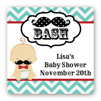  Little Man Mustache - Square Personalized Baby Shower Sticker Labels Caucasian